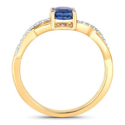 1.04 Carat Genuine Blue Sapphire and White Diamond 14K Yellow Gold Ring