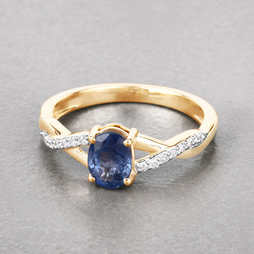 1.04 Carat Genuine Blue Sapphire and White Diamond 14K Yellow Gold Ring