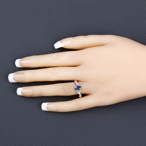 1.04 Carat Genuine Blue Sapphire and White Diamond 14K Yellow Gold Ring