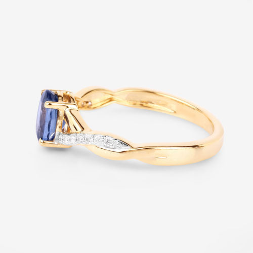 1.04 Carat Genuine Blue Sapphire and White Diamond 14K Yellow Gold Ring