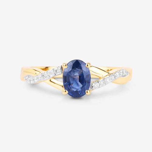 1.04 Carat Genuine Blue Sapphire and White Diamond 14K Yellow Gold Ring