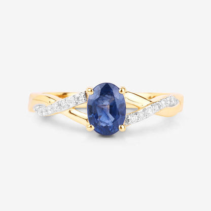 1.04 Carat Genuine Blue Sapphire and White Diamond 14K Yellow Gold Ring