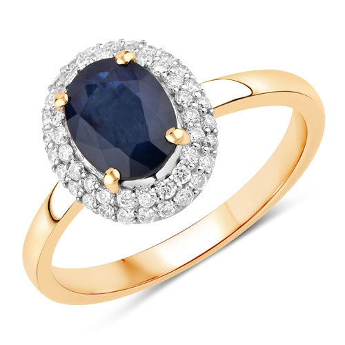1.84 Carat Genuine Blue Sapphire and White Diamond 14K Yellow Gold Ring