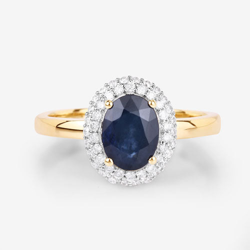 1.84 Carat Genuine Blue Sapphire and White Diamond 14K Yellow Gold Ring