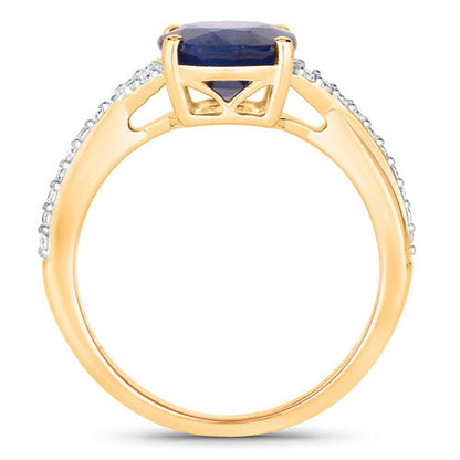 3.28 Carat Genuine Blue Sapphire and White Diamond 14K Yellow Gold Ring