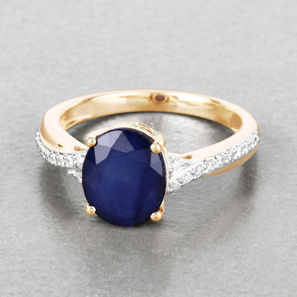 3.28 Carat Genuine Blue Sapphire and White Diamond 14K Yellow Gold Ring