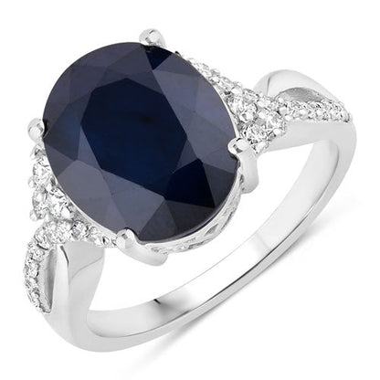 6.54 Carat Genuine Blue Sapphire and White Diamond 14K White Gold Ring