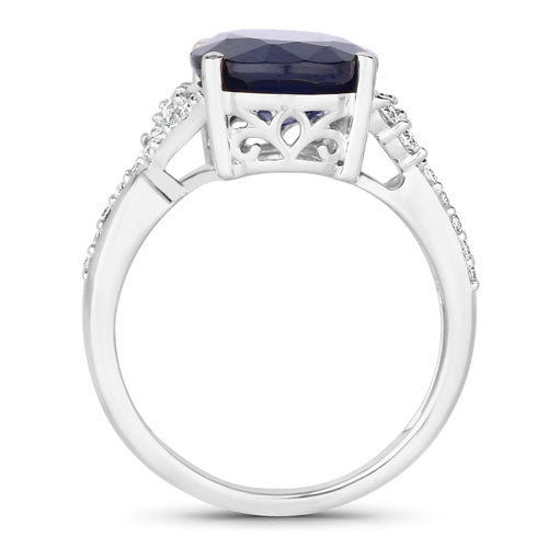 6.54 Carat Genuine Blue Sapphire and White Diamond 14K White Gold Ring