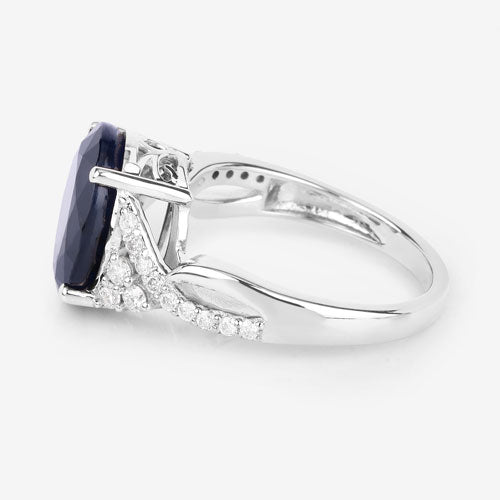 6.54 Carat Genuine Blue Sapphire and White Diamond 14K White Gold Ring