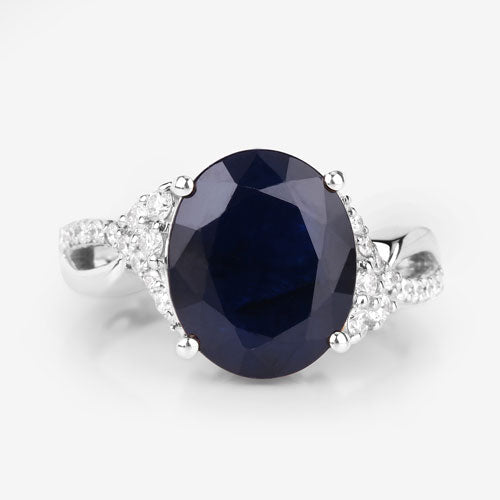 6.54 Carat Genuine Blue Sapphire and White Diamond 14K White Gold Ring