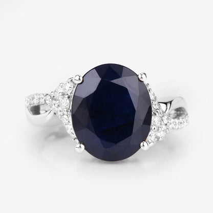 6.54 Carat Genuine Blue Sapphire and White Diamond 14K White Gold Ring