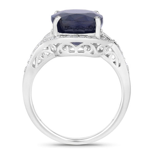 6.52 Carat Genuine Blue Sapphire and White Diamond 14K White Gold Ring