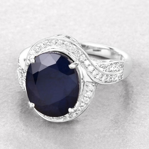 6.52 Carat Genuine Blue Sapphire and White Diamond 14K White Gold Ring