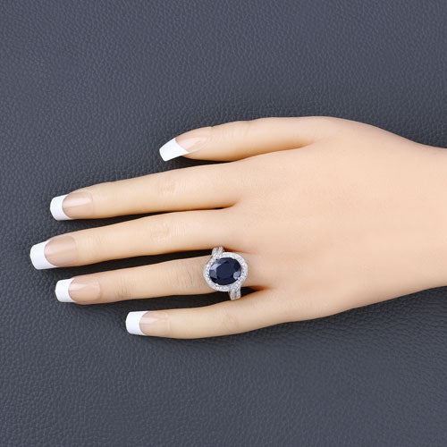 6.52 Carat Genuine Blue Sapphire and White Diamond 14K White Gold Ring