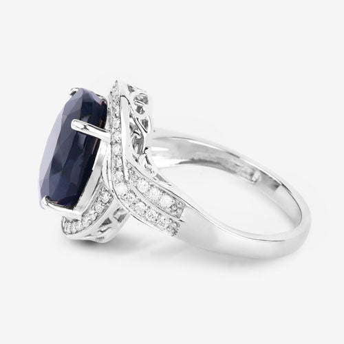 6.52 Carat Genuine Blue Sapphire and White Diamond 14K White Gold Ring