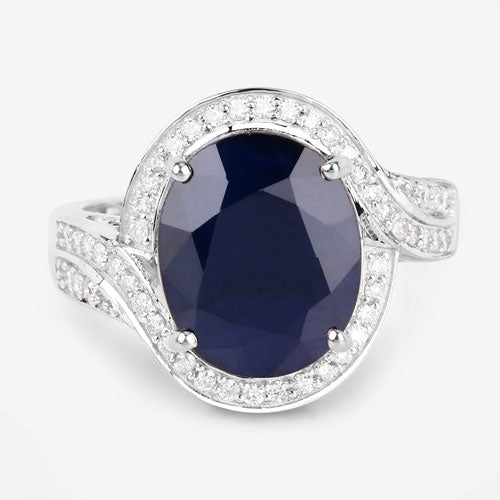 6.52 Carat Genuine Blue Sapphire and White Diamond 14K White Gold Ring