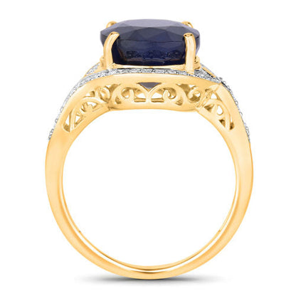 6.52 Carat Genuine Blue Sapphire and White Diamond 14K Yellow Gold Ring