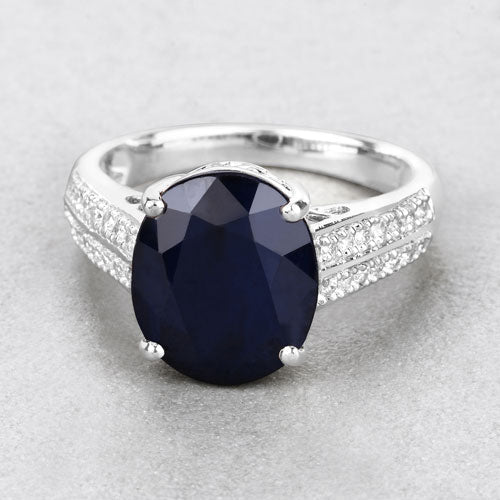 6.49 Carat Genuine Blue Sapphire and White Diamond 14K White Gold Ring