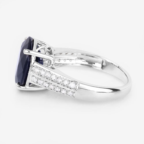 6.49 Carat Genuine Blue Sapphire and White Diamond 14K White Gold Ring