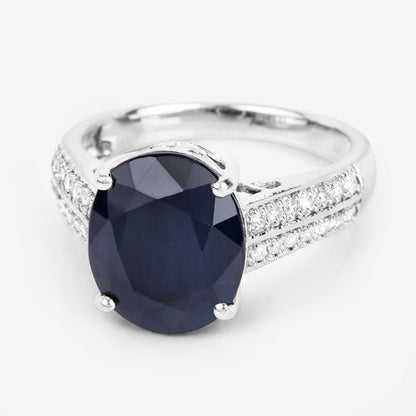 6.49 Carat Genuine Blue Sapphire and White Diamond 14K White Gold Ring