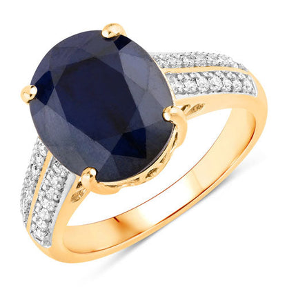6.49 Carat Genuine Blue Sapphire and White Diamond 14K Yellow Gold Ring