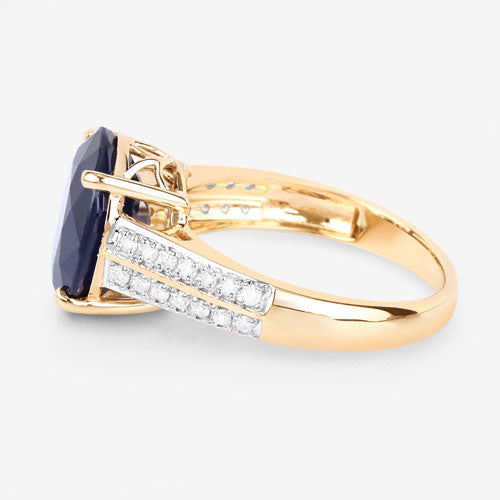 6.49 Carat Genuine Blue Sapphire and White Diamond 14K Yellow Gold Ring