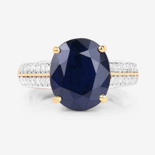 6.49 Carat Genuine Blue Sapphire and White Diamond 14K Yellow Gold Ring