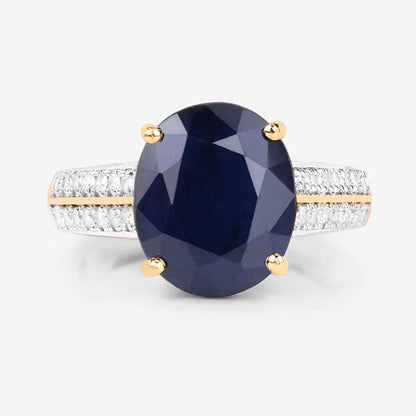 6.49 Carat Genuine Blue Sapphire and White Diamond 14K Yellow Gold Ring