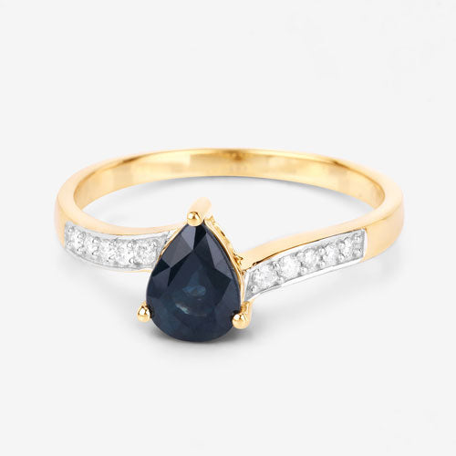 0.89 Carat Genuine Blue Sapphire and White Diamond 14K Yellow Gold Ring
