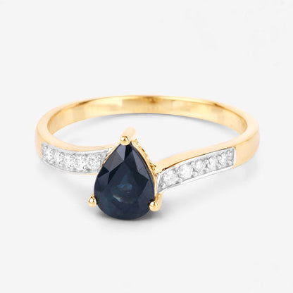 0.89 Carat Genuine Blue Sapphire and White Diamond 14K Yellow Gold Ring