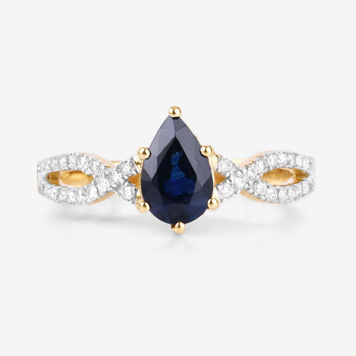 1.14 Carat Genuine Blue Sapphire and White Diamond 14K Yellow Gold Ring