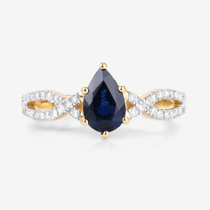 1.14 Carat Genuine Blue Sapphire and White Diamond 14K Yellow Gold Ring