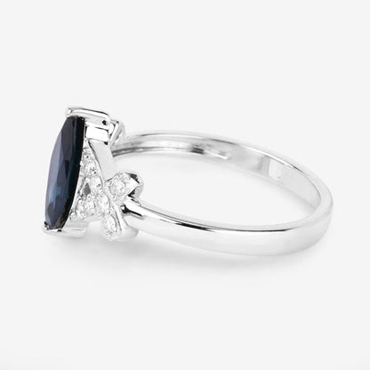 1.50 Carat Genuine Blue Sapphire and White Diamond 14K White Gold Ring