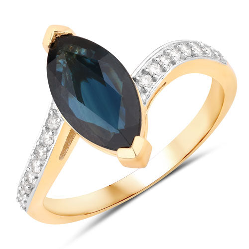 Bague en or jaune 14 carats, saphir bleu véritable de 2,26 carats et diamants blancs