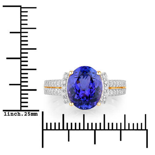 4.20 Carat Genuine Tanzanite and White Diamond 14K Yellow Gold Ring