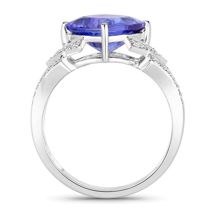 3.43 Carat Genuine Tanzanite and White Diamond 14K White Gold Ring