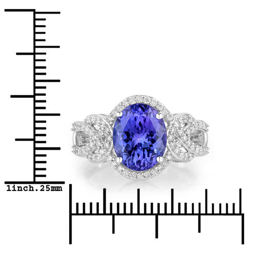 4.08 Carat Genuine Tanzanite and White Diamond 14K White Gold Ring
