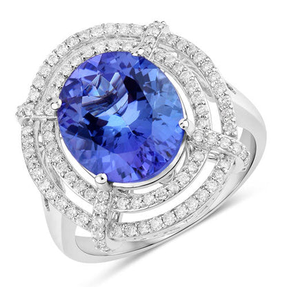 5.17 Carat Genuine Tanzanite and White Diamond 14K White Gold Ring