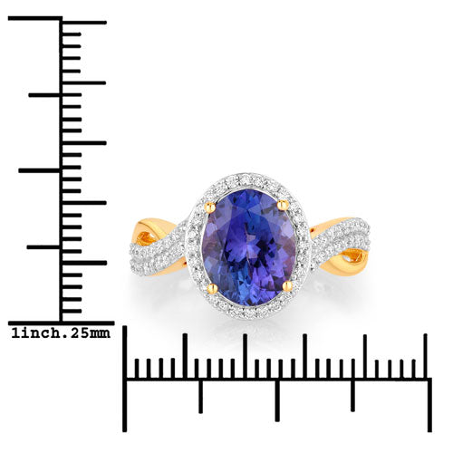 2.79 Carat Genuine Tanzanite and White Diamond 14K Yellow Gold Ring