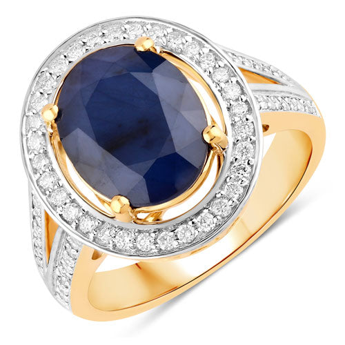 4.74 Carat Genuine Blue Sapphire and White Diamond 14K Yellow Gold Ring