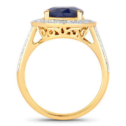 4.74 Carat Genuine Blue Sapphire and White Diamond 14K Yellow Gold Ring