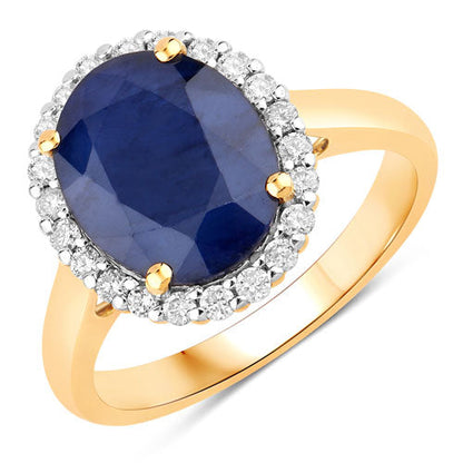 4.63 Carat Genuine Blue Sapphire and White Diamond 14K Yellow Gold Ring