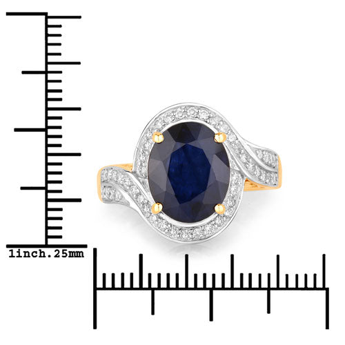 4.69 Carat Genuine Blue Sapphire and White Diamond 14K Yellow Gold Ring