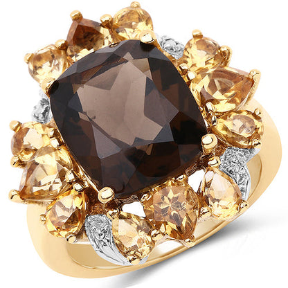 14K Yellow Gold Plated 7.10 Carat Genuine Smoky Quartz, Citrine & White Topaz Brass Ring