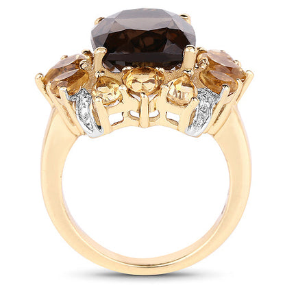 14K Yellow Gold Plated 7.10 Carat Genuine Smoky Quartz, Citrine & White Topaz Brass Ring