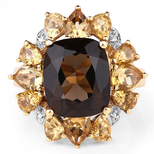 14K Yellow Gold Plated 7.10 Carat Genuine Smoky Quartz, Citrine & White Topaz Brass Ring