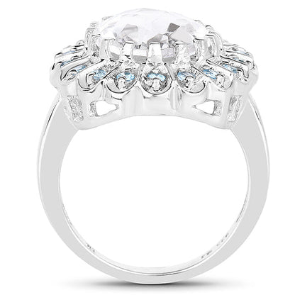 5.90 Carat Genuine Crystal Quartz and Swiss Blue Topaz .925 Sterling Silver Ring