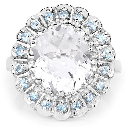 5.90 Carat Genuine Crystal Quartz and Swiss Blue Topaz .925 Sterling Silver Ring