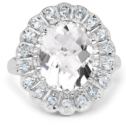 5.90 Carat Genuine Crystal Quartz and Swiss Blue Topaz .925 Sterling Silver Ring