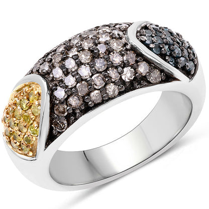 0.95 Carat Genuine Blue Diamond, Champagne Diamond & Yellow Diamond .925 Sterling Silver Ring
